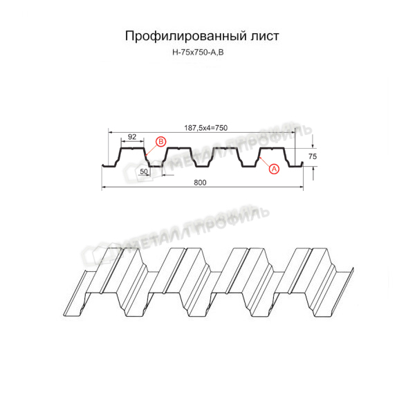 Профилированный лист Н-75х750-B (ПЭ-01-7004-0,65)